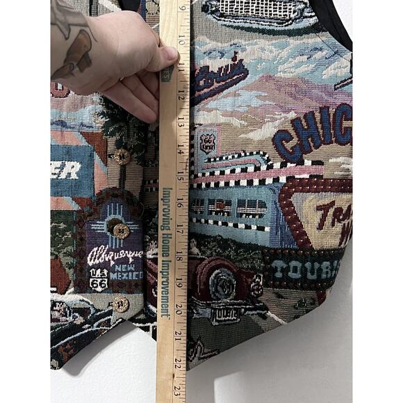 VTG 90s Tapestry Vest Unisex Large Route 66 Hot Rods Hollywood Travel USA - Picture 12 of 14